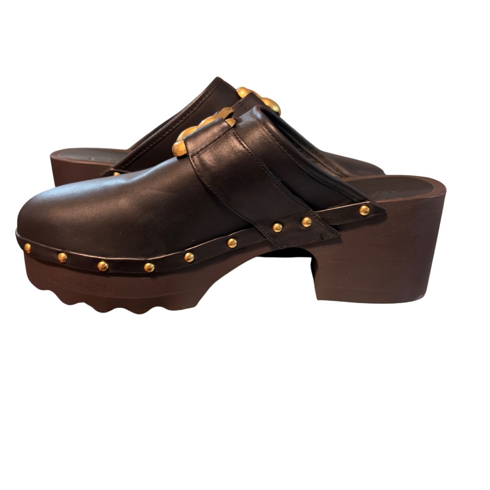 AEROSOLES black Leather Studded Clog Mules with Gold Hardware